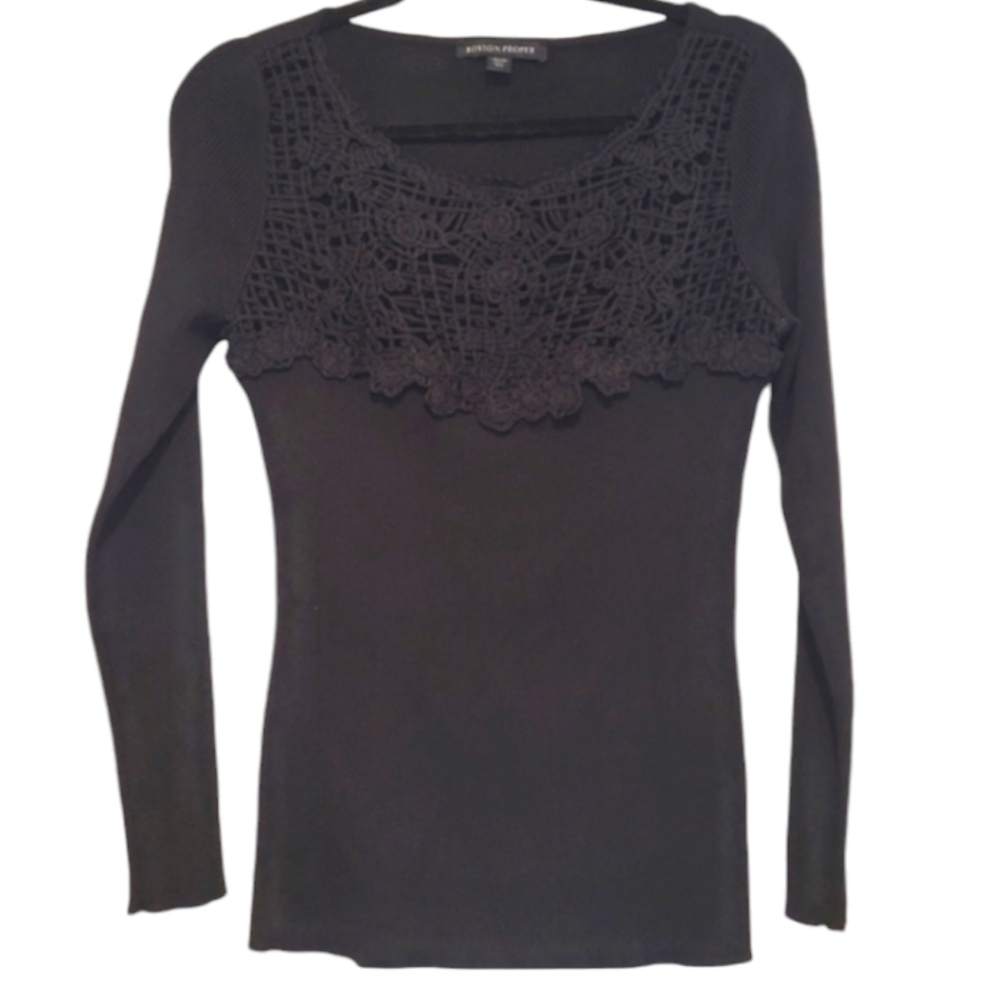 Boston Proper Black Ribbed Knit Sweater Crochet Lace Neckline Sz M - Picture 7 of 13